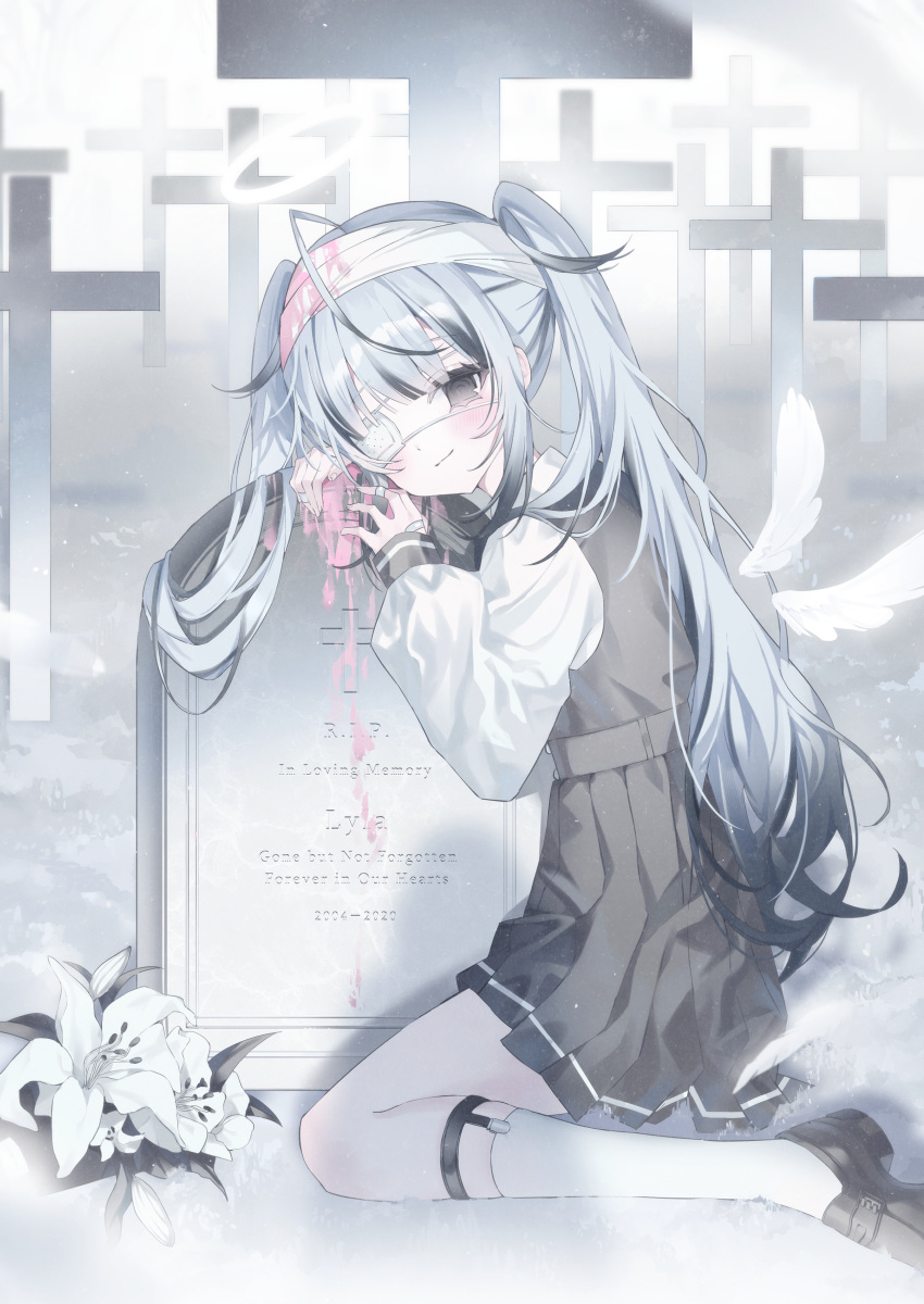 1girl absurdres ahoge angel angel_wings bandaged_fingers bandaged_head bandages blood cross detached_wings eyepatch flower grey_eyes grey_hair halo highres light_smile long_sleeves medical_eyepatch noah_(0noah) original pink_blood pleated_skirt shoes skirt tombstone twintails wings