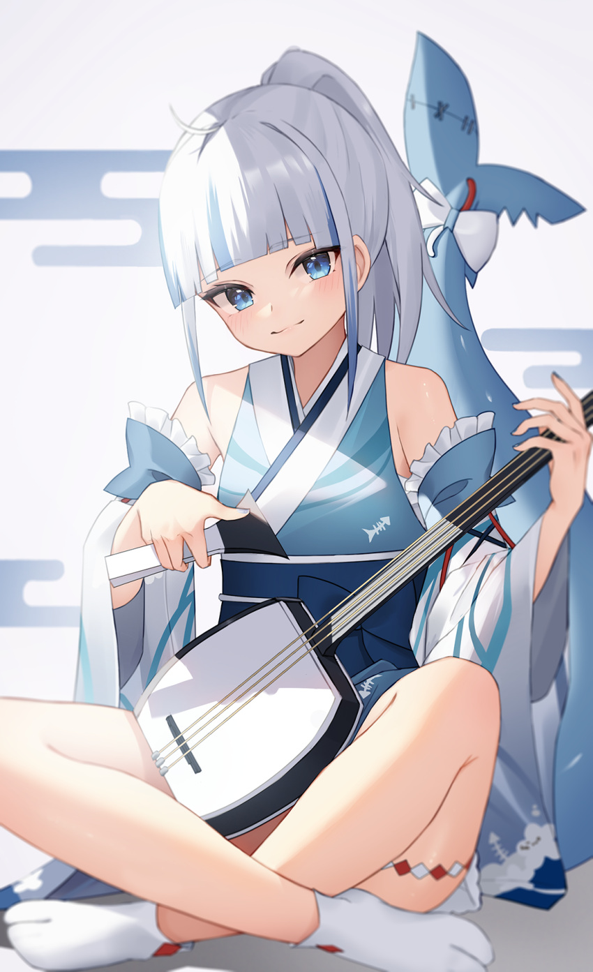 1girl blue_eyes blue_hair blunt_bangs closed_mouth commentary_request crossed_legs detached_sleeves dot_nose fins fish_tail gawr_gura highres holding holding_instrument hololive hololive_english indian_style instrument japanese_clothes kimono legs looking_at_viewer medium_hair multicolored_hair no_shoes ponytail shamisen shark_girl shark_tail simple_background sitting smile solo streaked_hair tabi tail thomas_8000 virtual_youtuber white_background white_hair wide_sleeves
