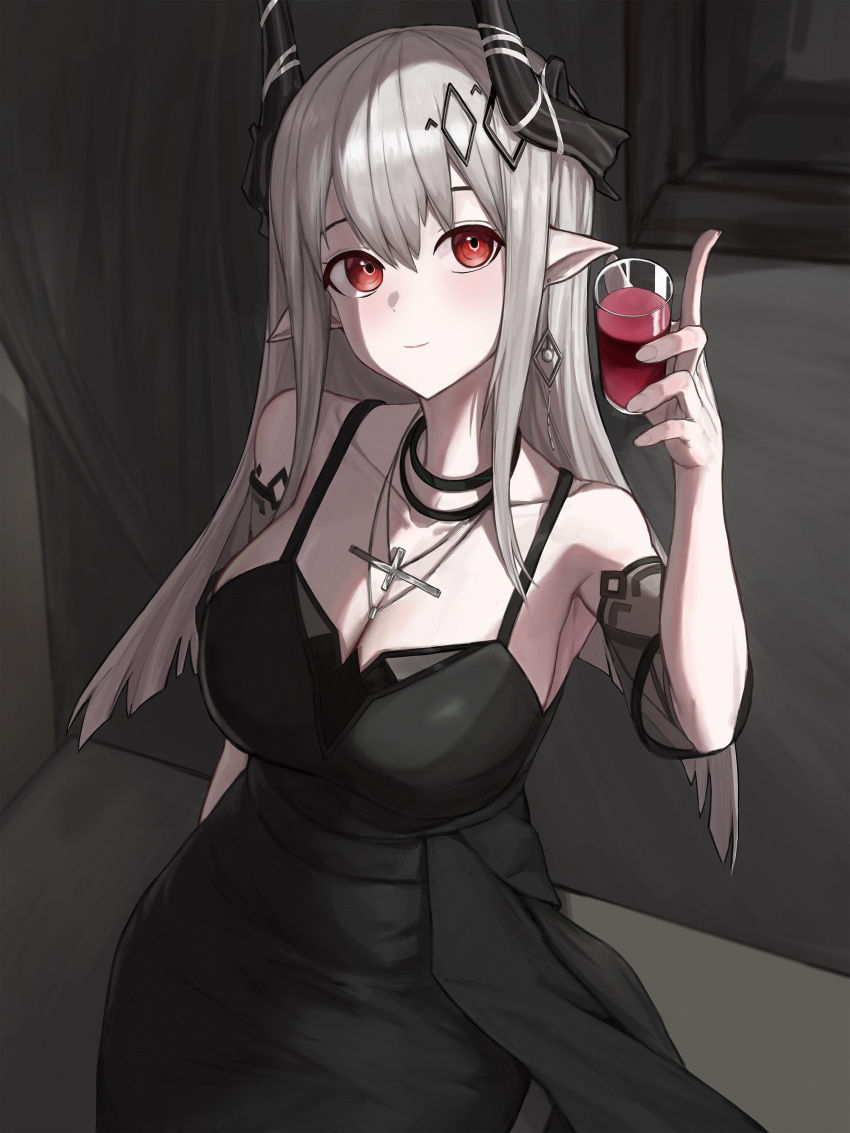 1girl absurdres alcohol arknights bare_shoulders black_choker black_dress breasts choker cleavage cross cross_necklace cup curtains d.c._(dc) dress drink earrings fingernails hair_between_eyes hair_ornament highres holding holding_cup horns indoors jewelry large_breasts light_smile long_hair mudrock_(arknights) mudrock_(obsidian)_(arknights) necklace official_alternate_costume pointy_ears red_eyes red_wine simple_background sitting solo white_hair wine