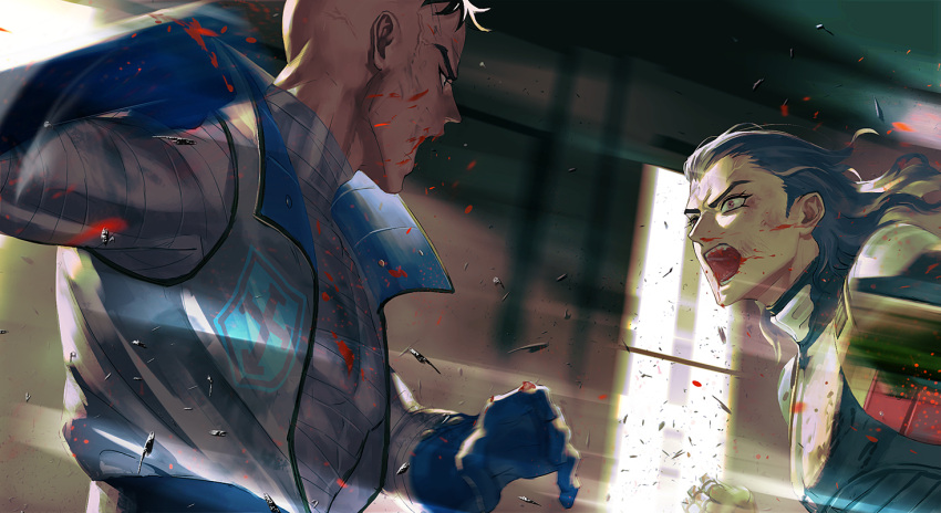 2boys aleph_(megami_tensei) angry bandages black_bodysuit black_hair blood blood_from_mouth blood_on_bandages blood_splatter blue_gloves bodysuit buttons clenched_hand cross dilated_pupils fighting floating_hair gloves indoors jacket logo long_hair looking_at_another male_focus motion_blur multiple_boys o_c_x open_mouth pectorals shards shin_megami_tensei shin_megami_tensei_ii short_hair shoulder_pads two-sided_fabric two-sided_jacket v-shaped_eyebrows very_short_hair white_jacket window window_shade yellow_eyes zayin_(megami_tensei)