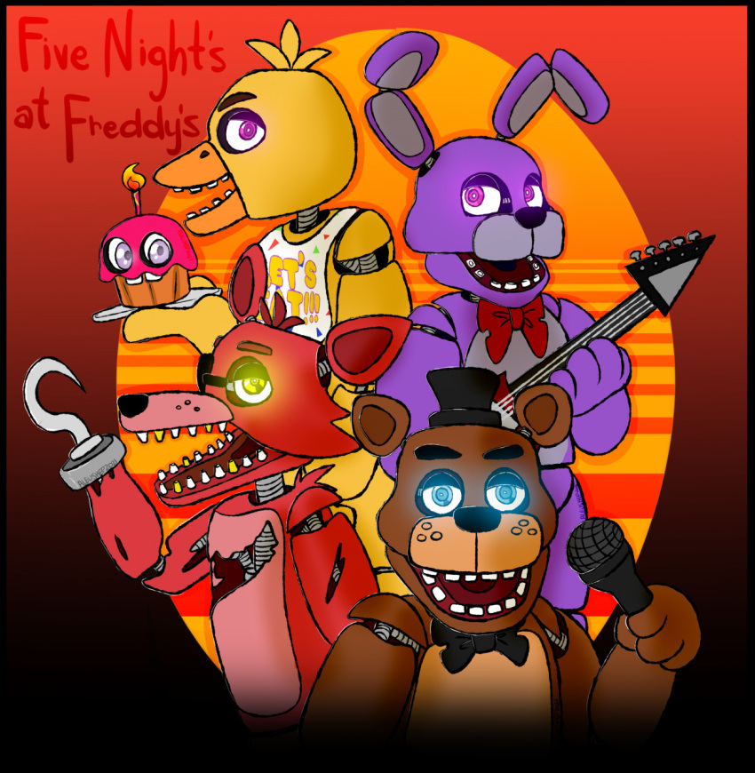 4_fingers animatronic anthro ariesmatic avian beak bear bird black_border black_eyebrows blue_eyes bonnie_(fnaf) border bow_tie brown_eyebrows canid canine chica_(fnaf) chicken clothing cupcake_(fnaf) english_text eyebrows female fingers five_nights_at_freddy's fox foxy_(fnaf) freddy_(fnaf) galliform gallus_(genus) glowing glowing_eyes grey_eyes group guitar hat headgear headwear hi_res lagomorph leporid machine male mammal microphone musical_instrument orange_beak phasianid plucked_string_instrument purple_eyes rabbit red_background red_eyebrows robot scottgames simple_background string_instrument teeth text top_hat yellow_eyes