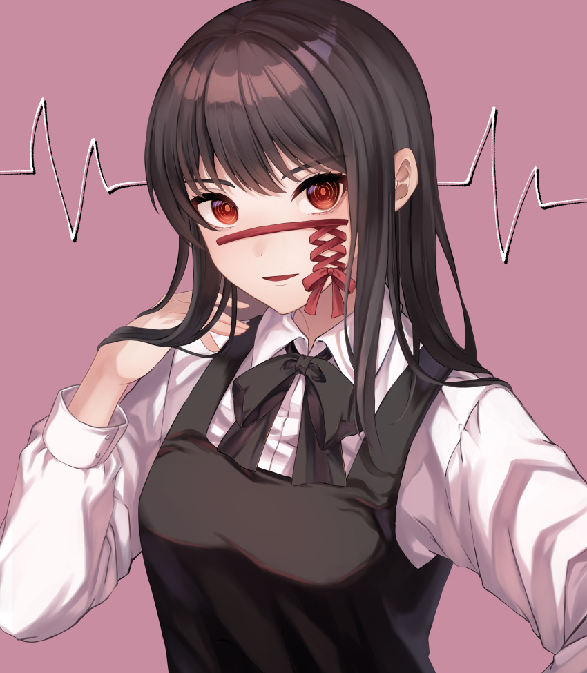 1girl absurdres amanami_(v) black_bow black_bowtie black_hair bow bowtie cardiogram chainsaw_man collared_shirt commentary fourth_east_high_school_uniform highres long_hair long_sleeves looking_at_viewer parted_lips pink_background red_bow red_eyes red_ribbon ribbon ringed_eyes ruffling_hair school_uniform shirt simple_background smile solo upper_body white_shirt yoru_(chainsaw_man)