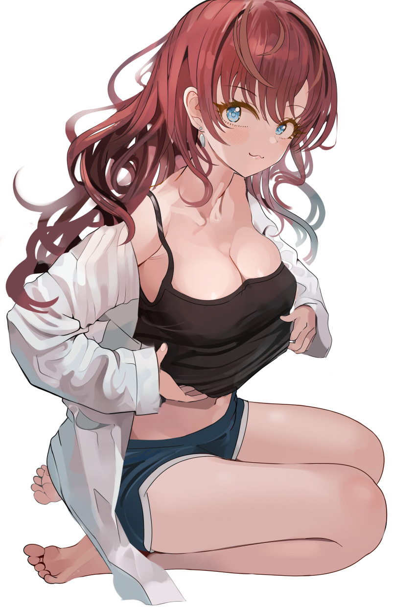 1girl :3 absurdres barefoot black_camisole blue_eyes blue_shorts blush breasts brown_hair camisole camisole_lift cleavage closed_mouth commentary dolphin_shorts earrings highres ichinose_shiki idolmaster idolmaster_cinderella_girls jewelry lab_coat large_breasts lifted_by_self long_hair looking_at_viewer navel pjkka seiza shorts simple_background sitting smile solo wavy_hair white_background