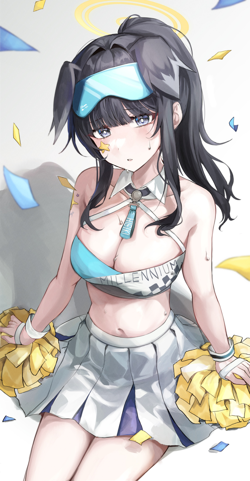 1girl absurdres animal_ears black_hair blue_archive blue_eyes cheerleader collarbone crop_top detached_collar dog_ears dog_girl eyewear_on_head halo head_tilt hibiki_(blue_archive) hibiki_(cheer_squad)_(blue_archive) highres labi long_hair looking_at_viewer midriff millennium_cheerleader_outfit_(blue_archive) navel official_alternate_costume parted_lips pom_pom_(cheerleading) ponytail sidelocks sitting solo star_sticker sticker_on_face stomach sunglasses sweat two-tone_skirt yellow_halo