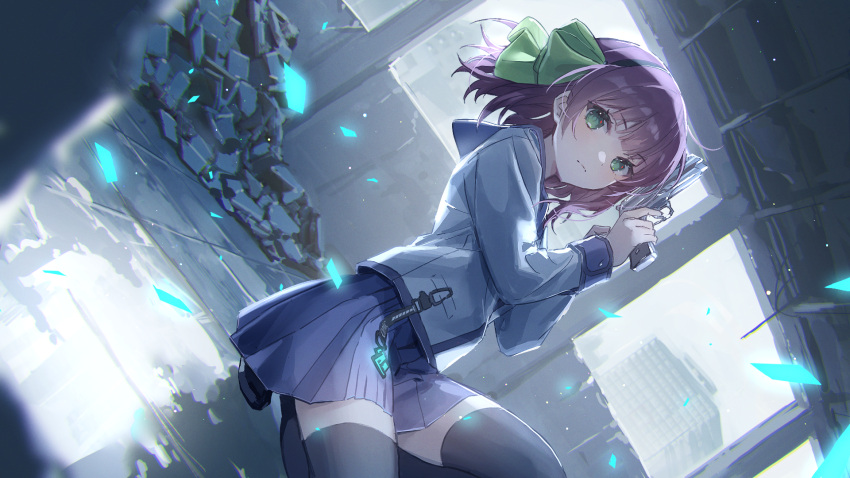 1girl angel_beats! beretta_92 blunt_bangs bow building closed_mouth commentary_request finger_on_trigger green_bow green_eyes gun hair_bow handgun heaven_burns_red highres holding holding_weapon light_particles long_sleeves looking_at_viewer medium_hair nakamura_yuri on_one_knee oyuyu partial_commentary purple_hair purple_skirt revision school_uniform serafuku skirt solo thighhighs weapon wreckage zettai_ryouiki