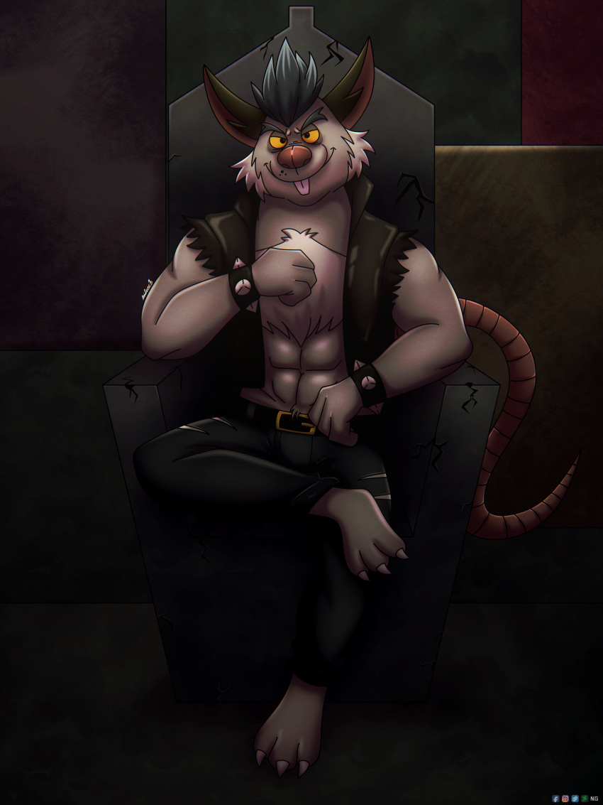 2023 absurd_res anilover16 anthro bottomwear brok_the_investigator clothing detailed_background grey_body hi_res humanoid_hands male mammal murid murine muscular muscular_male pants rat rodent sitting solo squealers_chief