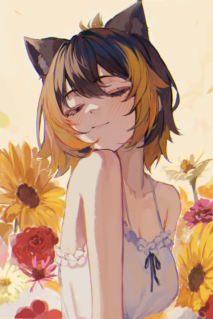 1girl absurdres alternate_costume animal_ear_fluff animal_ears black_ribbon blonde_hair breasts camisole cat_ears cleavage collarbone flower frilled_camisole frills head_tilt highres kemonomimi_mode medium_breasts multicolored_hair naokomama nijisanji nijisanji_en petra_gurin red_flower red_rose ribbon rose short_hair smile solo streaked_hair sunflower virtual_youtuber white_camisole white_flower yellow_flower