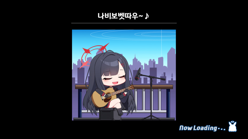 1girl absurdres acoustic_guitar black_choker black_gloves black_hair black_shirt black_socks black_wings blue_archive blue_sky chibi choker cityscape closed_eyes feathered_wings gloves guitar hair_ornament hairpin highres ichika_(blue_archive) instrument loading_screen long_hair microphone music open_mouth playing_guitar playing_instrument shirt sky smile socks tost_(cloi123) wings