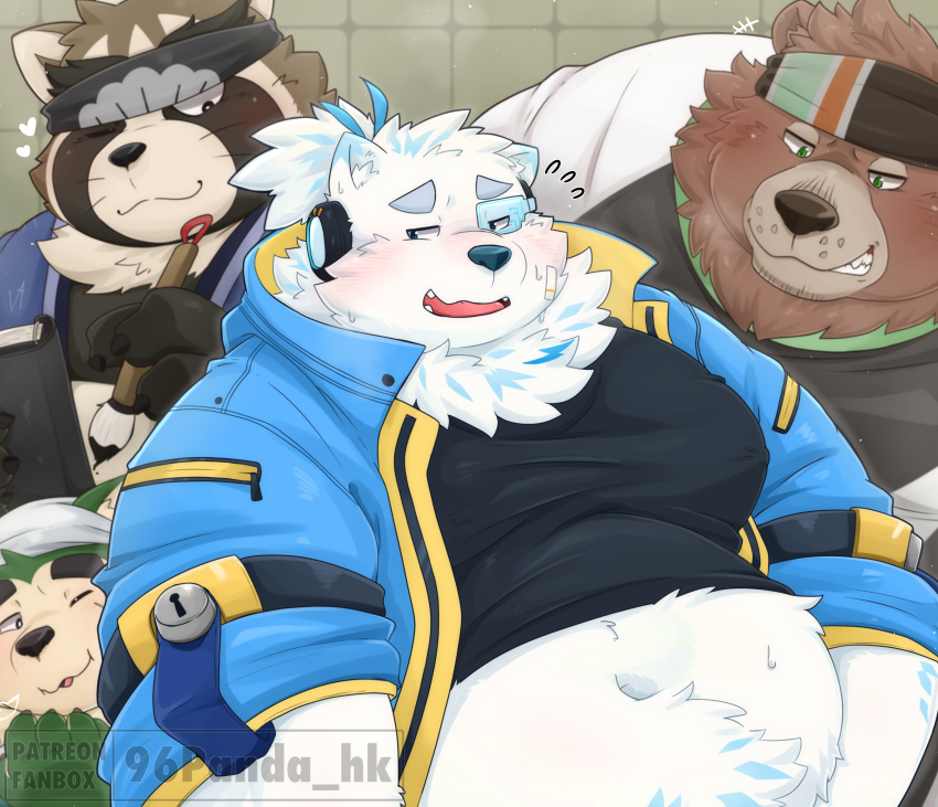 2023 96panda absurd_res anthro bear belly big_belly blush brown_body brown_fur canid canine canis clothing domestic_dog fur goro_(live_a_hero) green_body green_fur group hi_res kemono lifewonders live_a_hero male mammal mokdai one_eye_closed overweight overweight_male raccoon_dog shirt shoen tanuki topwear white_body white_fur wink yohack