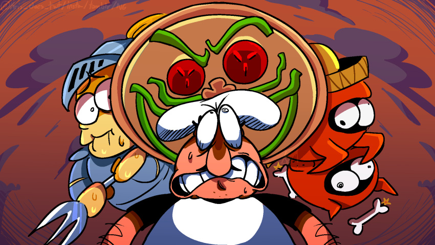 1boy bandito_chicken brown_sky chef_hat cloud commentary crazy_eyes english_commentary facial_hair fork forknight hat highres knight kris_does looking_up mustache peppino_spaghetti pizza_tower pizzaface sky sombrero teeth v-shaped_eyebrows white_headwear