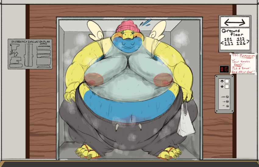 anthro areola belly biped blush bodily_fluids clothing detailed_background dunsparce elevator embarrassed generation_2_pokemon hat headgear headwear hi_res male moobs musk navel nintendo nipples obese onetonhalfshell overweight pokemon pokemon_(species) public solo sweat sweatpants