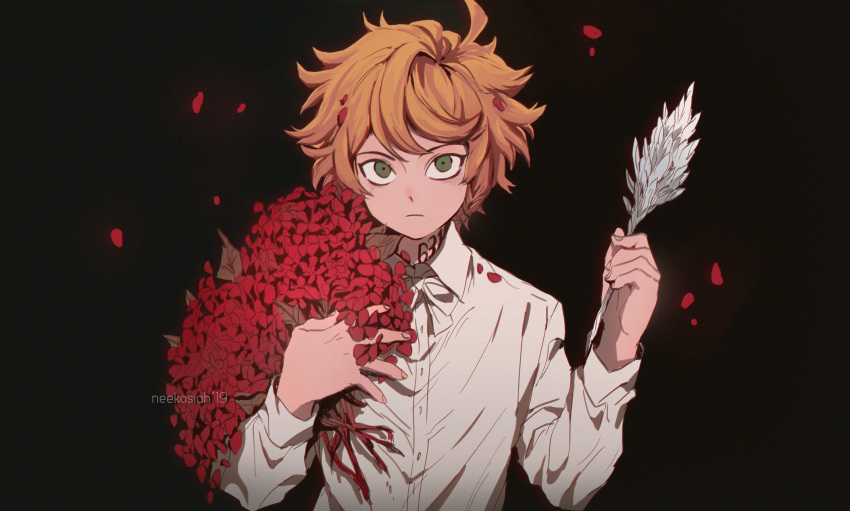 1girl artist_name black_background closed_mouth collared_shirt emma_(yakusoku_no_neverland) flower green_eyes highres holding holding_flower holding_quill long_sleeves looking_at_viewer neck_tattoo neekosiah number_tattoo orange_hair petals quill red_flower shirt short_hair simple_background solo tattoo upper_body white_footwear white_shirt yakusoku_no_neverland