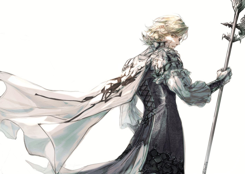 1boy armor blonde_hair brown_eyes cape chainmail dion_lesage final_fantasy final_fantasy_xvi frills from_behind from_below holding holding_polearm holding_weapon looking_back polearm shirt short_hair shoulder_armor simple_background solo spear teonff16 upper_body weapon white_background white_cape