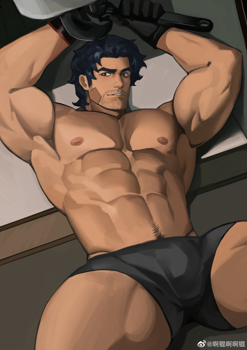 1boy abs absurdres akunaakun_(kunkun586586) armpits bandaid bandaid_on_cheek bandaid_on_face bara biceps black_hair black_male_underwear blue_hair boxer_briefs bulge check_copyright copyright_request dark-skinned_male dark_blue_hair dark_skin facial_hair goatee highres holding holding_wrench large_pectorals long_sideburns looking_at_viewer lying male_focus male_underwear mature_male mechanic muscular muscular_male mustache navel_hair nipples on_back original pectorals seductive_smile short_hair sideburns smile solo spread_legs stomach stubble thick_eyebrows topless_male underwear wrench