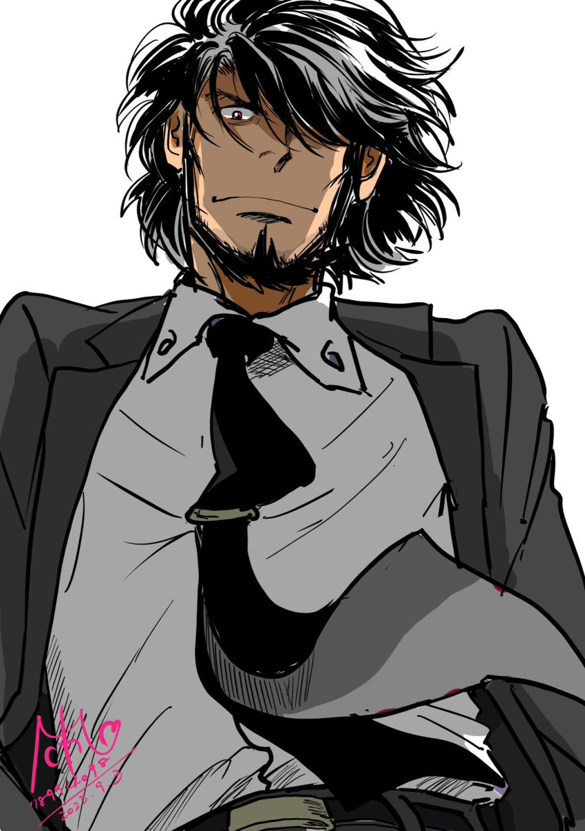 1boy beard belt black_belt black_hair black_jacket black_necktie blood blood_on_clothes closed_mouth collared_shirt dated facial_hair from_below grey_pants hair_over_one_eye highres jacket jigen_daisuke long_sideburns long_sleeves lupin_iii male_focus messy_hair michio_(hara78994098) necktie pants pov red_eyes shirt short_hair sideburns signature simple_background solo tie_clip white_background white_shirt