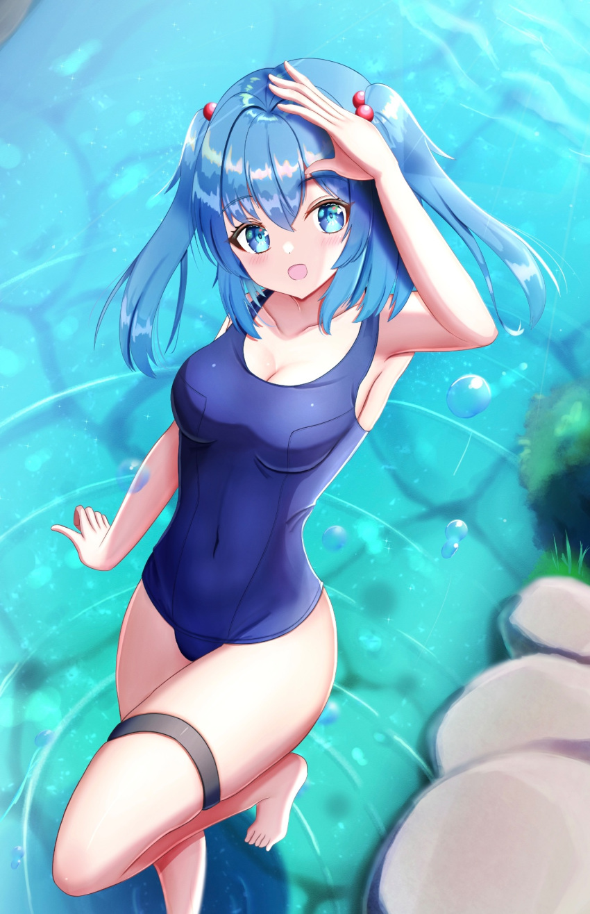 1girl armpits barefoot blue_eyes blue_hair blue_one-piece_swimsuit breasts feet hair_ornament highres kawashiro_nitori looking_at_viewer looking_up oekaki_iorin one-piece_swimsuit open_mouth river smile solo swimsuit thighs touhou