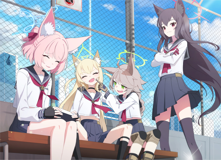 4girls ahoge animal_ear_fluff animal_ears bandaid bandaid_on_knee bandaid_on_leg bench black_choker black_hair black_sailor_collar black_skirt blonde_hair blue_archive blush chain-link_fence choker closed_eyes closed_mouth crossed_arms fang fence fox_ears fox_platoon_(blue_archive) gloves green_eyes hair_between_eyes halo highres knee_pads kurumi_(blue_archive) light_brown_hair long_hair long_sleeves looking_at_another looking_at_viewer midriff_peek multiple_girls neckerchief niko_(blue_archive) open_mouth otogi_(blue_archive) outdoors pink_hair pjman pleated_skirt ponytail red_eyes red_gloves red_neckerchief sailor_collar school_uniform serafuku shirt_tucked_in short_hair sitting skirt sky smile two_side_up white_serafuku yukino_(blue_archive)