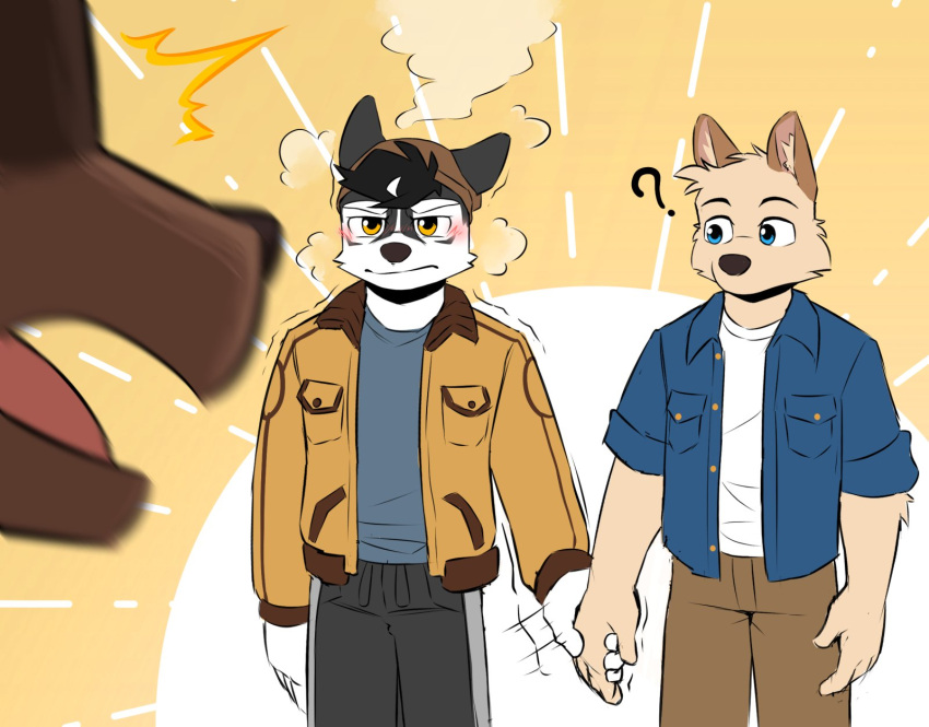 anjing_kampuss anthro biped blue_eyes blush canid canine canis clothed clothing domestic_dog eyebrows fingers grey_(anjing_kampuss) group hand_holding hi_res inner_ear_fluff joseph_(anjing_kampuss) male mammal open_mouth question_mark tongue trio tuft