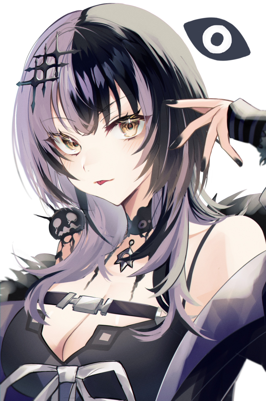 1girl :p bare_shoulders black_choker black_coat black_dress black_hair black_nails breasts chest_belt choker cleavage coat dress fur-trimmed_coat fur_trim grey_hair highres hololive hololive_english lace lace_choker large_breasts long_hair long_sleeves looking_at_viewer multicolored_hair off_shoulder shiori_novella simple_background sleeveless sleeveless_dress solo split-color_hair tanaka_(vgnu3845) tongue tongue_out two-tone_hair upper_body virtual_youtuber white_background yellow_eyes yorick_(shiori_novella)
