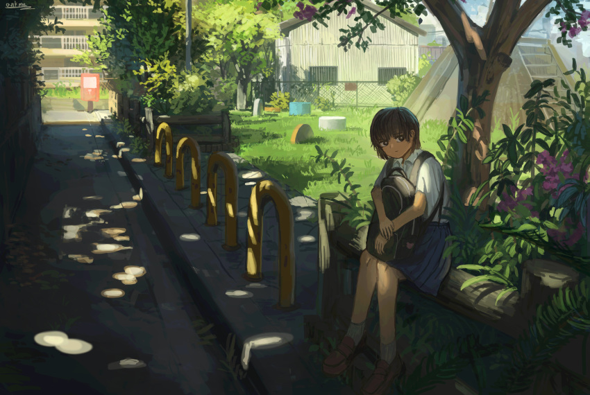 1girl absurdres anko1127 backpack bag blue_skirt brown_eyes brown_footwear brown_hair building dappled_sunlight day flower highres loafers original outdoors park plant pleated_skirt postbox_(outgoing_mail) scenery shirt shoes short_hair sitting skirt solo sunlight tree white_shirt