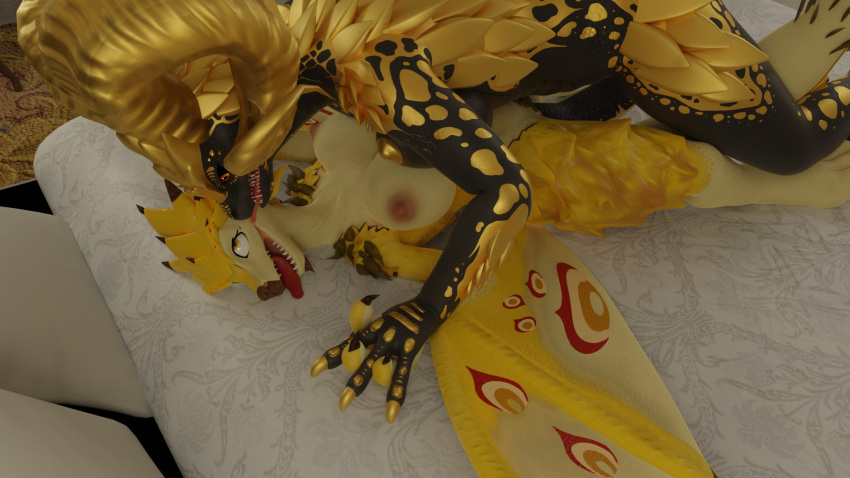anthro bed bedroom capcom clawed_fingers dominant dominant_female dragon duo eye_roll female female/female furniture furromantic gold_rathian gold_scales hand_holding hi_res horn kulve_taroth larger_female larger_on_top looking_at_another looking_at_partner looking_pleasured lying lying_on_bed monster_hunter nipples on_bed penetration pinned_to_bed rath_wyvern rathian scalie sex size_difference smaller_female spiked_tail spikes spikes_(anatomy) spread_wings submissive submissive_female tail tail_fetish tail_penetrating tail_play tail_sex teeth tongue tongue_out vaginal vaginal_penetration void_dragon216 winged_arms wings wyvern yellow_horn
