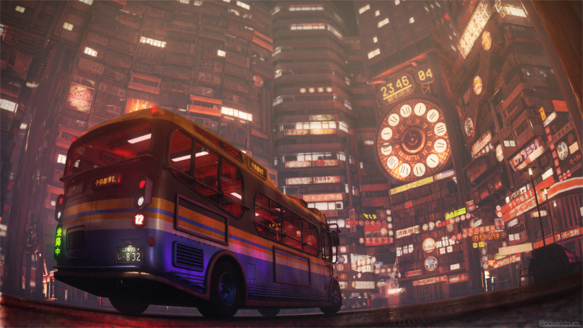 3d analog_clock building bus city clock from_below fujitarian highres lamppost motor_vehicle night original outdoors power_lines scenery urban window