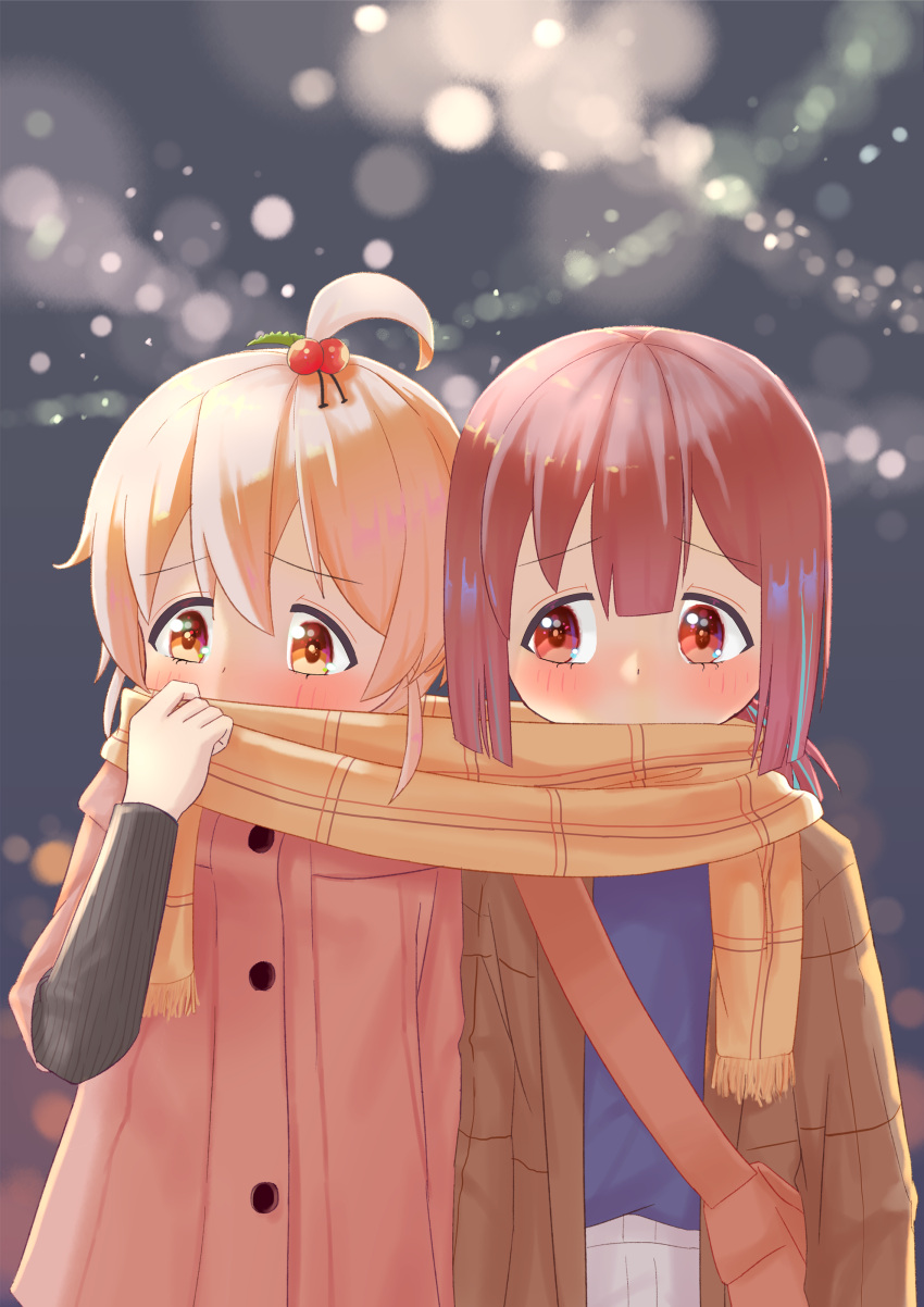 2girls absurdres ahoge bag bangs blonde_hair blue_hair blunt_bangs blurry blurry_background blush bokeh brown_eyes brown_hair coat commentary_request covered_mouth depth_of_field hair_between_eyes hair_ornament highres holly_hair_ornament hozuki_momiji karakouji_mink long_sleeves multicolored_hair multiple_girls onii-chan_wa_oshimai! oyama_mahiro scarf shared_clothes shared_scarf short_hair shoulder_bag side-by-side two-tone_hair yellow_scarf yuri