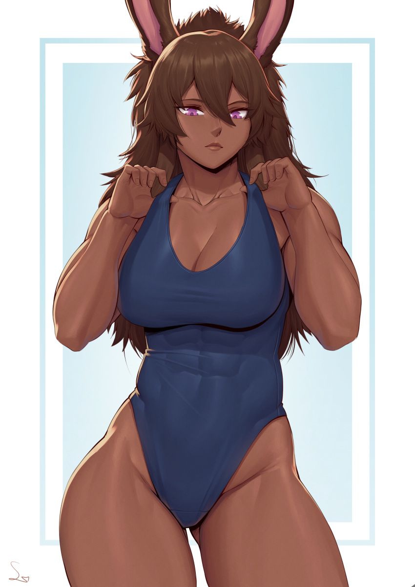 1girl absurdres adjusting_clothes adjusting_swimsuit animal_ears ass_visible_through_thighs blue_one-piece_swimsuit breasts brown_hair cleavage closed_mouth collarbone contrapposto covered_abs cowboy_shot dark-skinned_female dark_skin groin hair_between_eyes highres large_breasts long_hair looking_down muscular muscular_female one-piece_swimsuit original purple_eyes rabbit_ears rabbit_girl signature solo speedl00ver swimsuit