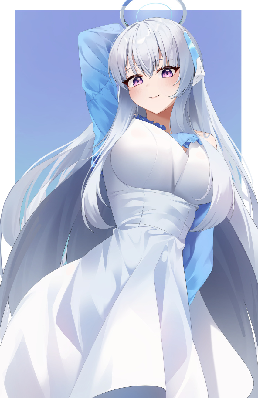 absurdres alternate_costume blue_archive blue_background dress halo highres k_cyp long_hair looking_at_viewer mechanical_ears mechanical_halo noa_(blue_archive) purple_eyes simple_background white_background white_dress white_hair