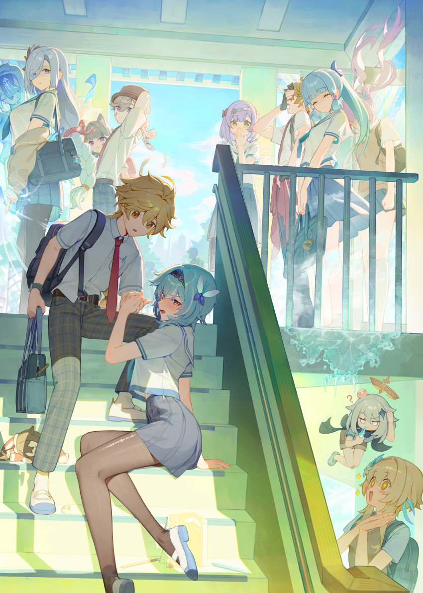 +_+ 3boys 6+girls ? absurdres aether_(genshin_impact) ahoge animal_ears bag bag_charm baron_bunny_(genshin_impact) belt belt_buckle black_hairband black_pantyhose blonde_hair blue_bow blue_eyes blue_hair blue_neckerchief blue_sky blunt_bangs blush bow braid braided_bangs braided_ponytail brown_belt brown_headwear brown_pants brown_sweater_vest buckle butterfly_hair_ornament card cat_ears charm_(object) commentary_request contemporary dropped_object eula_(genshin_impact) facepalm facial_mark feather_hair_ornament feathers floating floating_hair flower forced_smile genshin_impact green_eyes grey_hair hair_bow hair_flower hair_ornament hair_over_one_eye hair_ribbon hairband halo hand_to_own_mouth highres holding holding_bag holding_card holding_hands ice indoors kamisato_ayaka keqing_(genshin_impact) kneehighs light_blue_hair long_hair looking_at_another lumine_(genshin_impact) lynette_(genshin_impact) lyney_(genshin_impact) mechanical_halo medium_hair midriff_peek mincho multiple_boys multiple_girls neckerchief necktie noelle_(genshin_impact) ofuda paimon_(genshin_impact) pants pantyhose pencil plaid plaid_pants ponytail purple_eyes purple_hair red_necktie revision ribbon sailor_collar school school_bag school_uniform scratching_head shenhe_(genshin_impact) shirt shoes short_hair short_hair_with_long_locks short_sleeves siblings sitting sitting_on_stairs sky socks sparkle stairs star_(symbol) star_facial_mark sweater_vest teardrop_facial_mark thoma_(genshin_impact) torn_clothes torn_pantyhose tress_ribbon twins uwabaki very_long_hair vision_(genshin_impact) white_flower white_sailor_collar white_shirt white_socks yellow_eyes