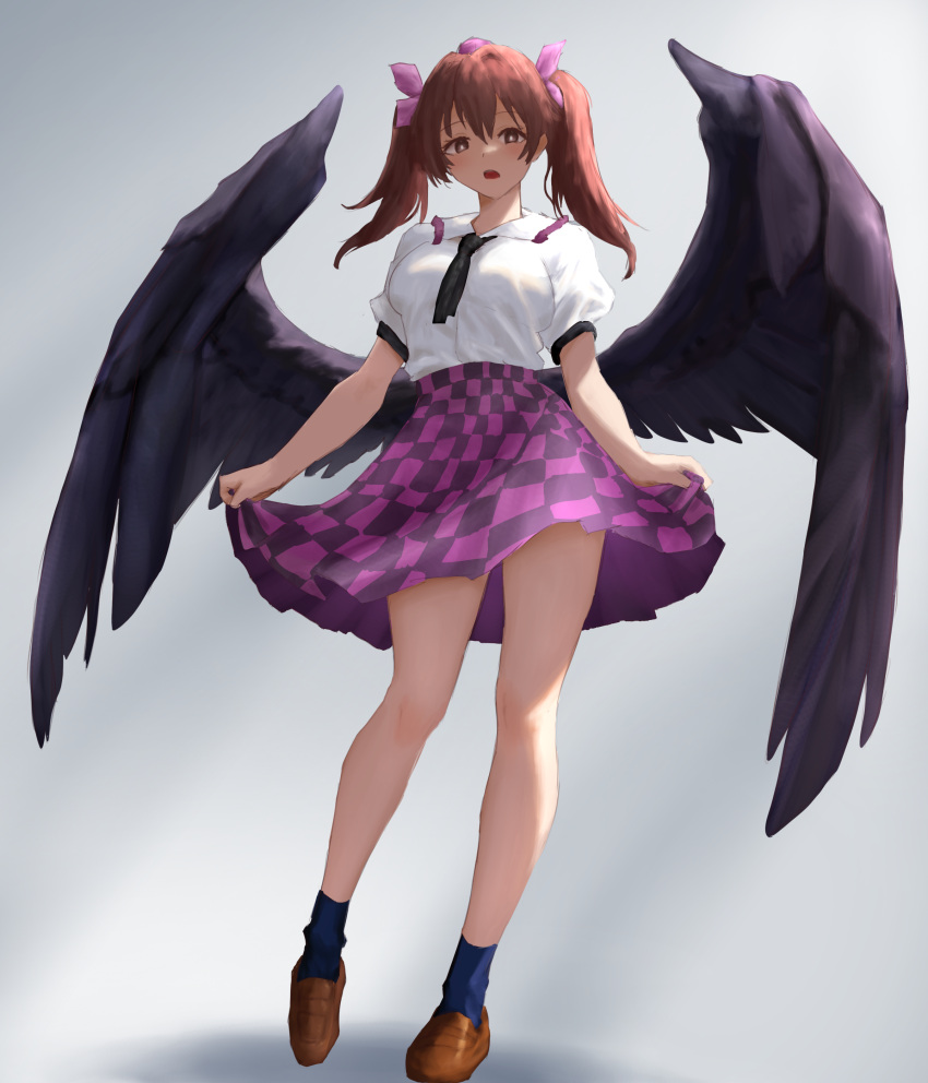 1girl absurdres bird_wings black_skirt black_socks black_wings breasts brown_eyes brown_footwear brown_hair checkered_clothes checkered_skirt commentary full_body grey_background hair_ribbon hat highres himekaidou_hatate looking_at_viewer medium_hair moriforest1040 open_mouth purple_headwear purple_skirt red_ribbon ribbon shirt short_sleeves simple_background skirt socks solo tokin_hat touhou twintails white_shirt wings