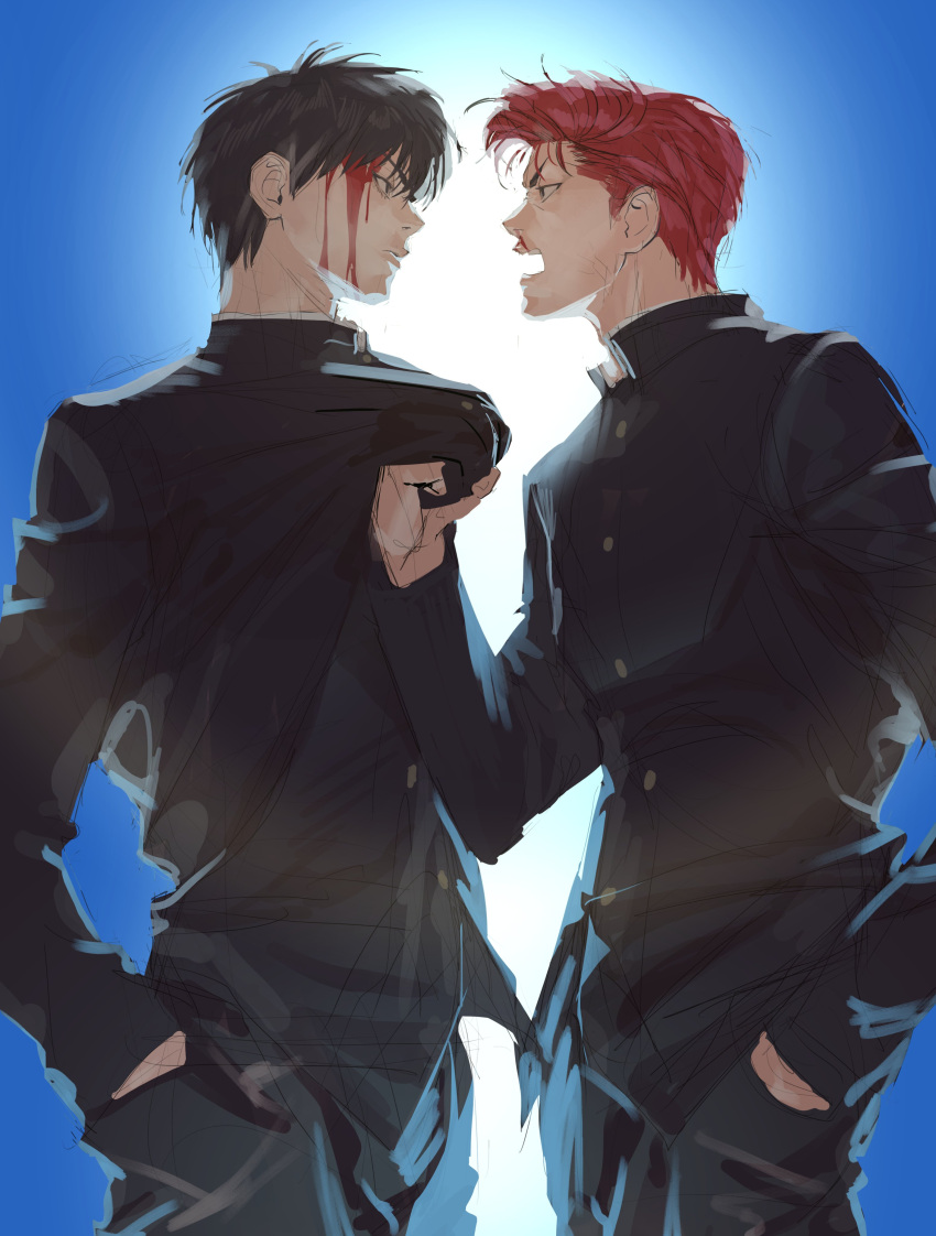 2boys absurdres angry bishounen black_eyes black_hair black_jacket black_pants blood blood_on_face blue_background chamuring clothes_grab eye_contact face-to-face gakuran hand_in_pocket highres jacket looking_at_another male_focus multiple_boys open_mouth pants pompadour profile red_hair rukawa_kaede sakuragi_hanamichi school_uniform short_hair slam_dunk_(series) toned toned_male