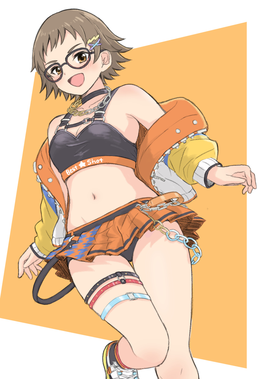 1girl black-framed_eyewear black_bra black_choker black_panties blush bra breasts brown_hair chain_necklace choker cleavage collarbone cropped_jacket glasses groin highres idolmaster idolmaster_cinderella_girls jacket jacket_partially_removed jewelry kitagawa_mahiro looking_at_viewer miniskirt multicolored_clothes multicolored_jacket navel necklace noe_aoikaba orange_skirt panties short_hair skirt small_breasts smile solo standing standing_on_one_leg thigh_strap underwear