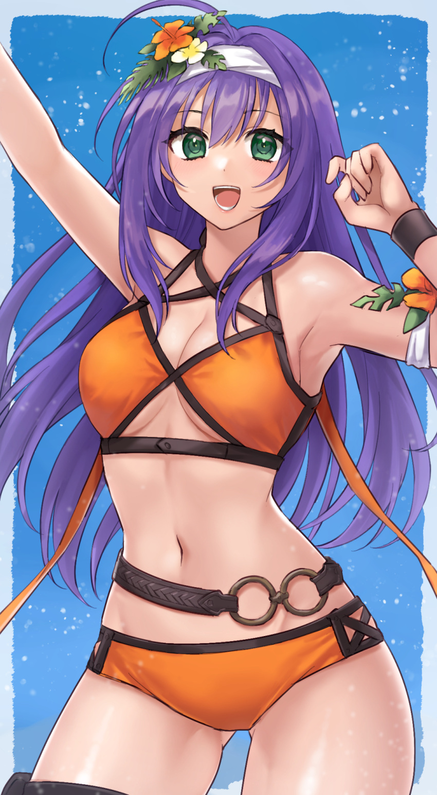 1girl ahoge arm_up bare_shoulders belt bikini black_belt breasts cleavage commentary_request cowboy_shot fire_emblem fire_emblem:_path_of_radiance fire_emblem:_radiant_dawn fire_emblem_heroes green_eyes hairband hand_up hazuki_(nyorosuke) highres large_breasts long_hair mia_(fire_emblem) navel official_alternate_costume orange_bikini purple_hair solo standing stomach swimsuit thighs underboob very_long_hair white_hairband