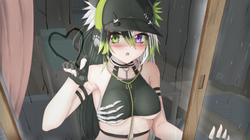 1girl against_glass bare_shoulders baseball_cap black_gloves black_hair black_headwear blush breasts collarbone commentary commission curtains english_commentary fingerless_gloves from_outside glass_writing gloves green_eyes grey_hair hand_up hat headphones heart heterochromia highres indoors long_hair medium_breasts multicolored_hair original parted_lips prophosphere purple_eyes rain skeletal_hand solo streaked_hair two-tone_hair underboob upper_body very_long_hair white_hair window