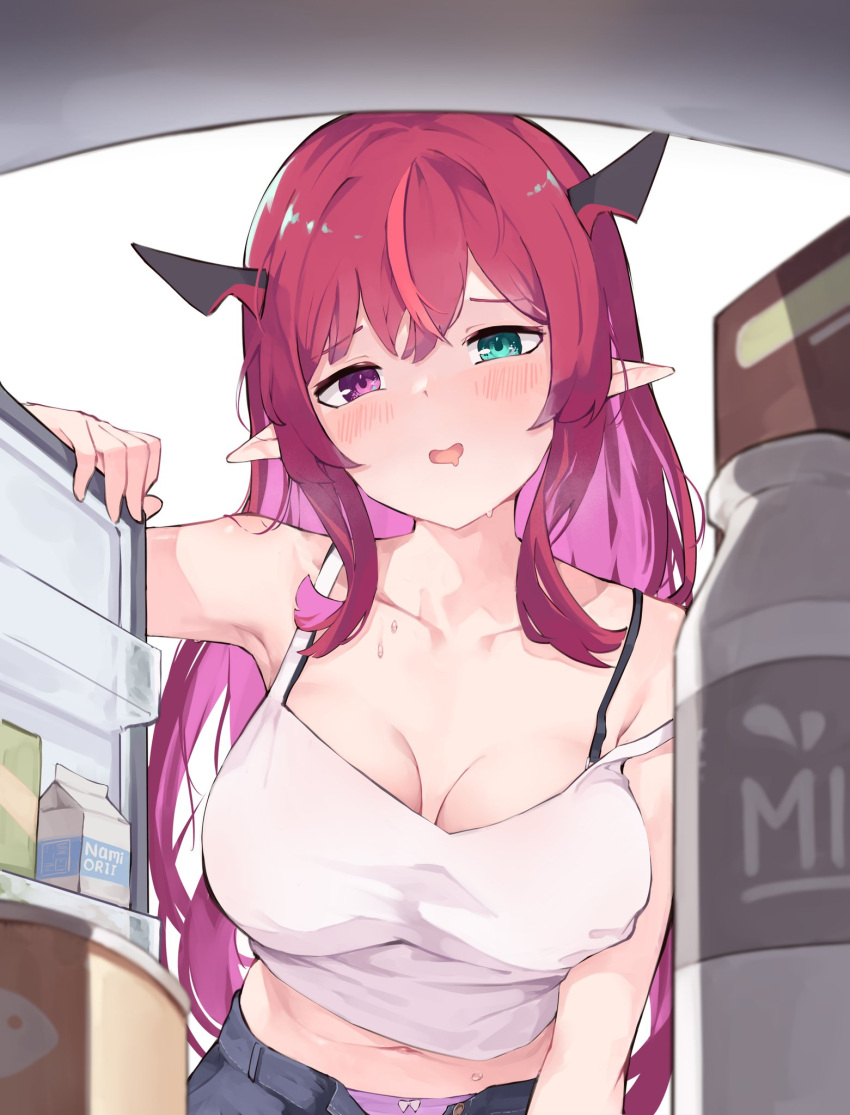 1girl artist_name black_horns blue_pants blurry blush bottle bra_strap breasts can carton collarbone commentary depth_of_field drooling english_commentary green_eyes hair_between_eyes heterochromia highres hololive hololive_english horns irys_(hololive) large_breasts long_hair midriff milk_bottle milk_carton mouth_drool multicolored_hair namiorii navel open_fly open_mouth panties pants panty_peek pink_eyes pink_hair pink_panties pointy_ears purple_hair red_hair refrigerator refrigerator_interior simple_background solo strap_slip streaked_hair sweatdrop tank_top underwear very_long_hair virtual_youtuber white_background white_tank_top