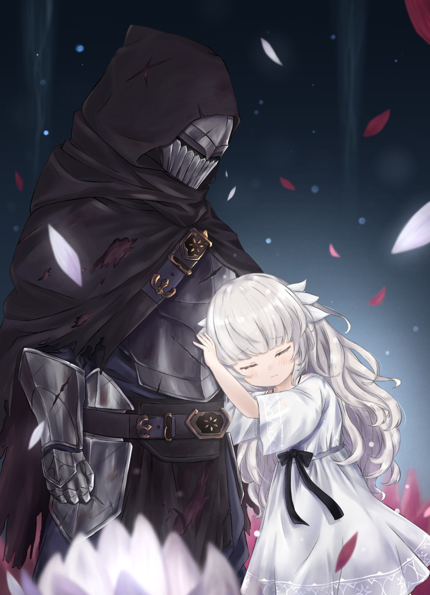 1boy 1girl armor black_cloak black_ribbon blush cloak closed_eyes commentary_request dress ender_lilies_quietus_of_the_knights english_commentary flower full_armor hair_ornament highres hood hood_up hooded_cloak ixia_(ixia424) lily_(ender_lilies) long_hair mixed-language_commentary petals red_flower red_petals ribbon umbral_knight_(ender_lilies) white_dress white_flower white_hair white_petals