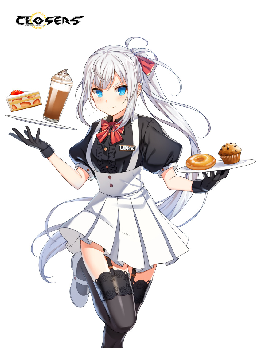 1girl alternate_hair_color badge black_gloves black_shirt black_thighhighs blue_eyes blush bow bowtie breasts cake cake_slice center_frills closed_mouth closers coffee collared_shirt copyright_name cowboy_shot cup cupcake doughnut drinking_glass floating_hair flying_sweatdrops food frills garter_straps gloves hair_bow hands_up high-waist_skirt highres holding holding_plate ice_cream ice_cream_float lace-trimmed_thighhighs leg_up logo long_hair looking_at_viewer mary_janes miniskirt official_art plate pleated_skirt ponytail puffy_short_sleeves puffy_sleeves red_bow red_bowtie seulbi_lee shirt shoes short_sleeves sidelocks skirt small_breasts smile solo standing standing_on_one_leg strawberry_cake suspender_skirt suspenders thighhighs underbust v-shaped_eyebrows very_long_hair waitress white_background white_footwear white_hair white_skirt zettai_ryouiki