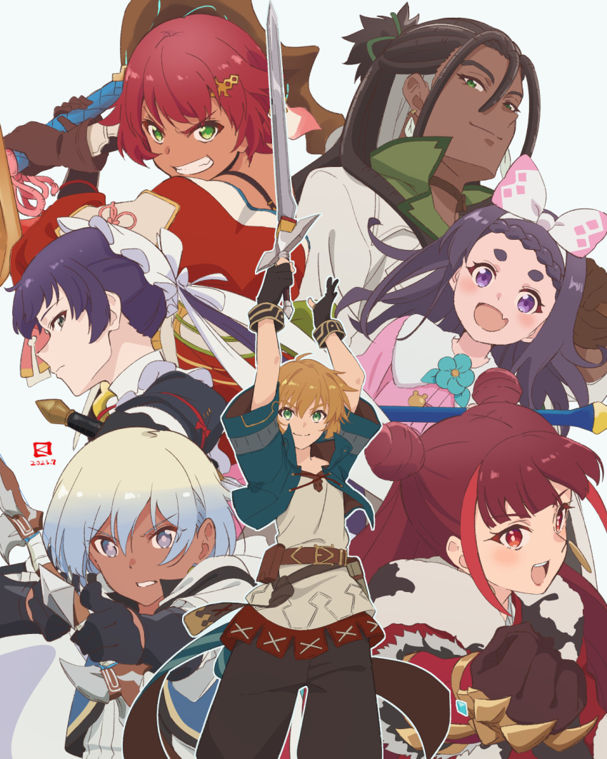 3boys 4girls :d archer_(frederica) arms_up belt belt_pouch black_gloves black_pants blonde_hair blue_flower blue_jacket bow bow_(weapon) braid braided_bangs brown_belt brown_gloves brown_hair caster_(frederica) clenched_hand closed_mouth collar commentary_request cropped_jacket dark-skinned_female dark-skinned_male dark_skin double_bun drawing_bow earrings everyone fang farmer_(frederica) fighter_(frederica) flower frederica_(game) gloves green_eyes grey_eyes grey_hair grey_shirt grin group_picture hair_between_eyes hair_bow hair_bun hair_ornament hairband half_updo high_collar highres holding holding_bow_(weapon) holding_sword holding_weapon jacket jewelry long_hair looking_at_viewer low_ponytail miyahara_takuya multicolored_hair multiple_boys multiple_girls pants pouch profile purple_eyes purple_hair red_eyes red_hair rogue_(frederica) shirt short_hair short_sleeves skin_fang smile streaked_hair sword teeth upper_body upper_teeth_only v-shaped_eyebrows wanderer_(frederica) warrior_(frederica) weapon white_bow white_collar white_hairband