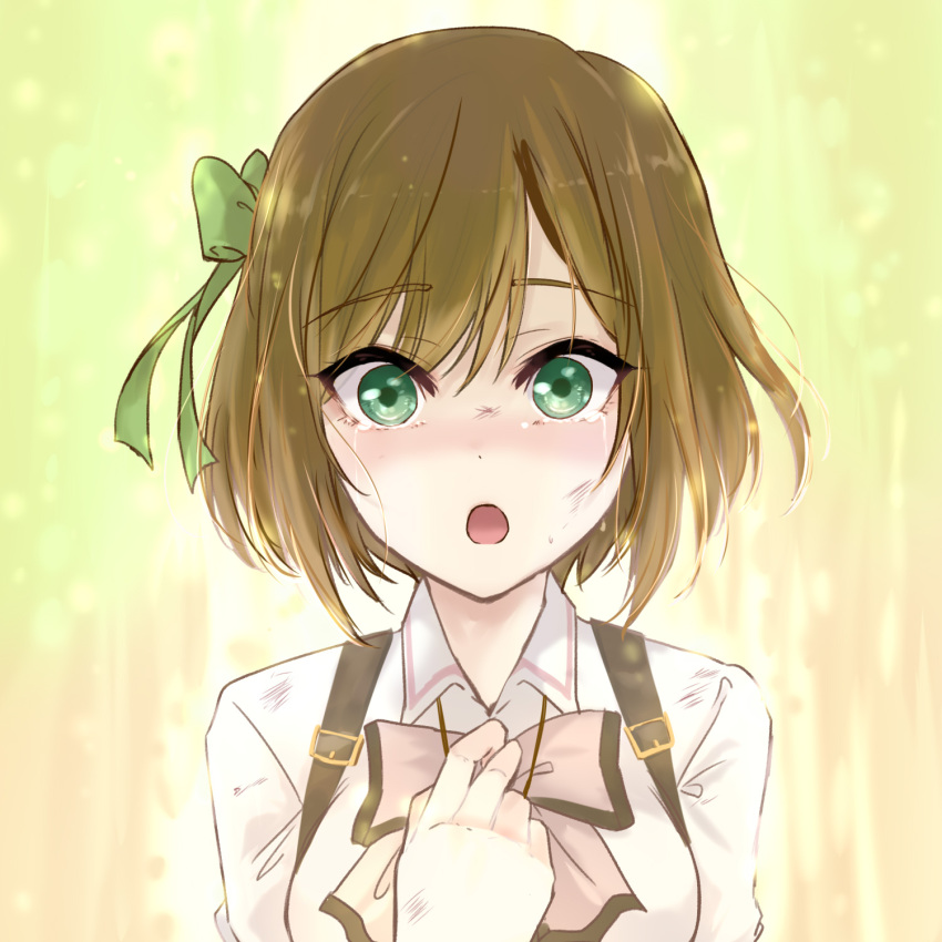 1girl :o arm_at_side assault_lily blush bow bowtie breasts brown_background brown_hair collared_shirt commentary crying crying_with_eyes_open dirty dirty_clothes dirty_face gradient_background green_background green_bow green_eyes hair_between_eyes hair_bow hand_on_own_chest hand_up highres jewelry looking_at_viewer ludvico_private_girls'_academy_school_uniform medium_breasts multicolored_background necklace nose_blush open_mouth pink_bow pink_bowtie saeki_julia_karen school_uniform shirt short_hair solo suspenders tears upper_body urutsu_sahari white_shirt wide-eyed