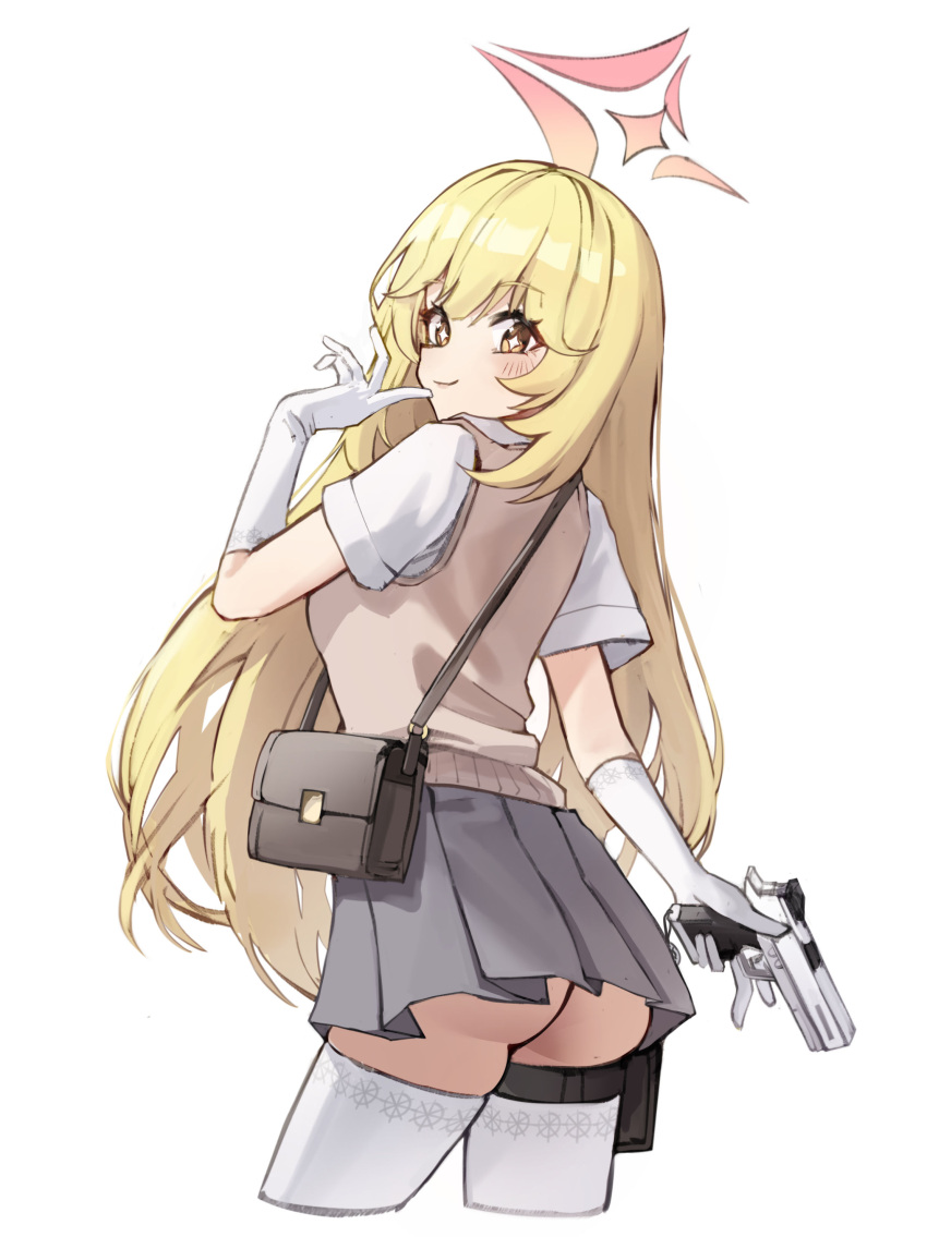 1girl 29hyeon absurdres ass bag blonde_hair blue_archive brown_sweater_vest closed_mouth collared_shirt cropped_legs elbow_gloves finger_to_mouth gloves grey_skirt gun halo handbag handgun highres holding holding_gun holding_weapon holster looking_at_viewer looking_back pleated_skirt school_uniform shirt shokuhou_misaki short_sleeves simple_background skirt smile solo spider_web_print staccato_2011 star-shaped_pupils star_(symbol) summer_uniform sweater_vest symbol-shaped_pupils thigh_holster thighhighs toaru_kagaku_no_railgun toaru_majutsu_no_index tokiwadai_school_uniform weapon white_background white_gloves white_shirt white_thighhighs yellow_eyes