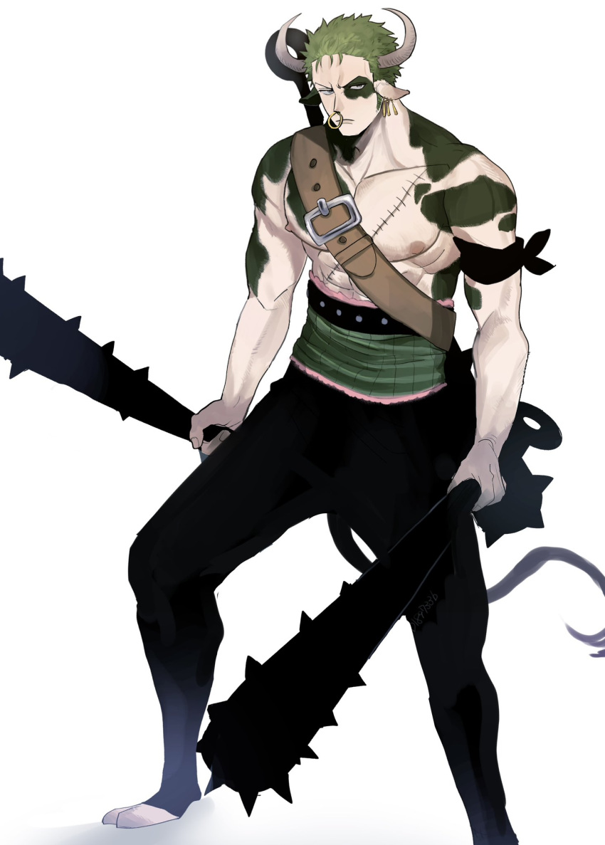 1boy animal_ears animal_feet animalization bandana_around_arm bara club_(weapon) cow_boy cow_ears cow_horns earrings green_hair haramaki hd189733b highres horns jewelry male_focus monster_boy monsterification muscular muscular_male nose_piercing nose_ring one_piece pectorals piercing roronoa_zoro scar scar_on_chest scowl short_hair sideburns solo spiked_club tail toned toned_male topless_male weapon white_background