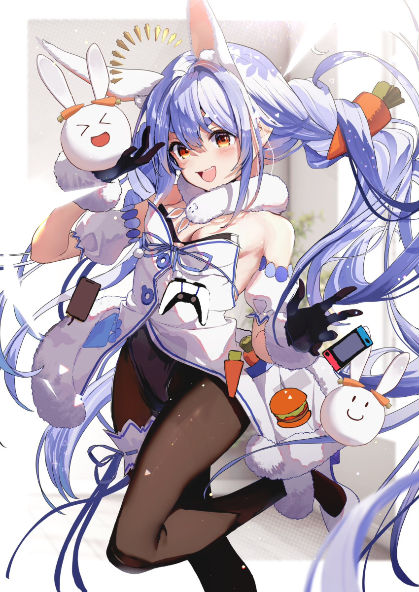 1girl animal_ears bare_shoulders black_gloves black_leotard black_pantyhose blue_hair breasts carrot_hair_ornament don-chan_(usada_pekora) dress food-themed_hair_ornament fur-trimmed_dress fur-trimmed_gloves fur_trim gloves hair_ornament haruhina_purple highres hololive leotard leotard_under_clothes multicolored_hair pantyhose pekomon_(usada_pekora) playboy_bunny rabbit_ears small_breasts solo thigh_strap usada_pekora usada_pekora_(1st_costume) virtual_youtuber white_dress wrist_cuffs