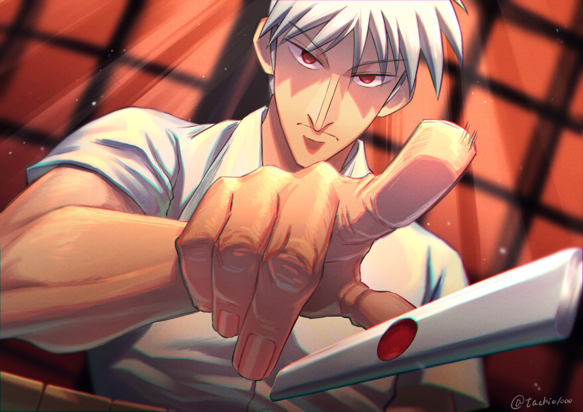 1boy absurdres akagi:_yami_ni_oritatta_tensai akagi_shigeru closed_mouth collared_shirt commentary_request dutch_angle fingernails frown fukumoto_nobuyuki_(style) grey_hair highres looking_at_viewer mahjong male_focus medium_bangs official_style parody pointy_nose red_eyes shirt short_hair short_sleeves shouji sliding_doors solo style_parody tachihiro1000 tenbou throwing twitter_username upper_body white_shirt