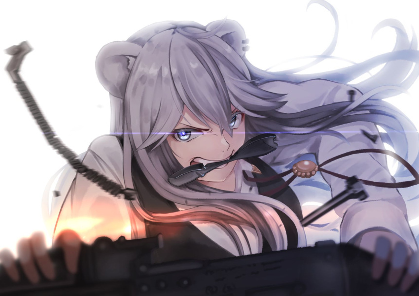 1girl ahoge animal_ears black_vest commentary commentary_request ear_piercing fangs grey_eyes grey_hair gun highres hololive jewelry lion_ears lion_girl long_sleeves micon mouth_hold necklace official_alternate_hairstyle piercing pump_action shirt shishiro_botan shotgun solo spas-12 vest virtual_youtuber weapon white_background white_shirt