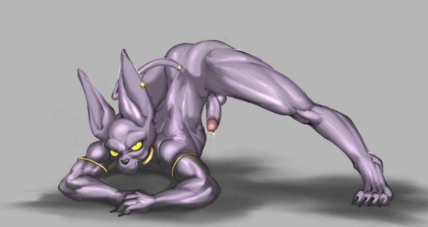 alien anthro ass_up balls beerus bodily_fluids claws dagantfus_(artist) domestic_cat dragon_ball dragon_ball_super felid feline felis genital_fluids genitals hairless hairless_cat hi_res leaking_precum looking_at_viewer male mammal muscular muscular_anthro muscular_male muscular_thighs penis precum solo sphynx_(cat) yellow_eyes