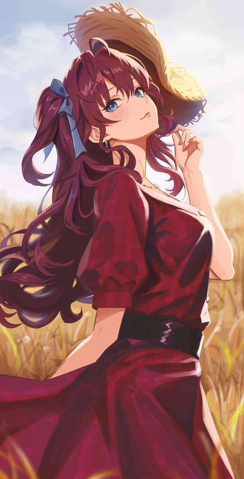 1girl absurdres ahoge blush breasts dress hat highres holding holding_clothes holding_hat ichinose_shiki idolmaster idolmaster_cinderella_girls light_smile long_hair looking_at_viewer looking_to_the_side medium_breasts outdoors purple_hair qingli_ye red_dress solo straw_hat two_side_up very_long_hair wheat_field