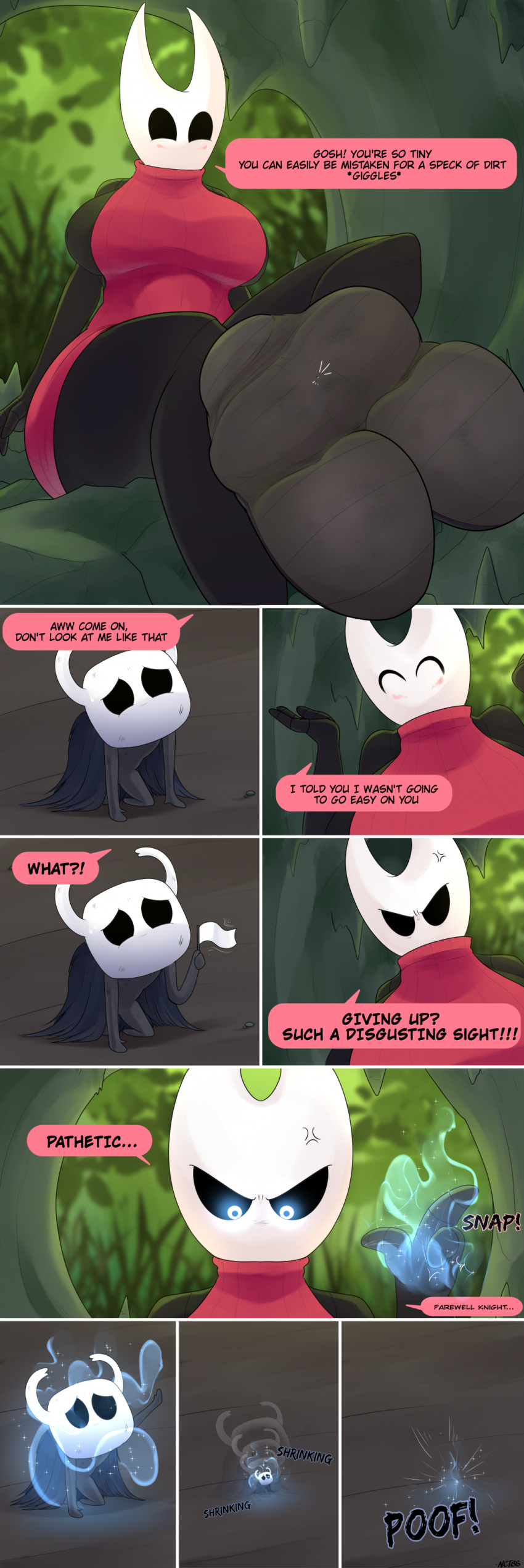 2_toes absurd_res anthro breasts comic cornchip21 dialogue duo feet female foot_fetish foot_focus foot_play hi_res hollow_knight hornet_(hollow_knight) male male/female micro noctibus size_difference soles speech_bubble stuck_to_foot team_cherry the_knight_(hollow_knight) toes trampling underfoot