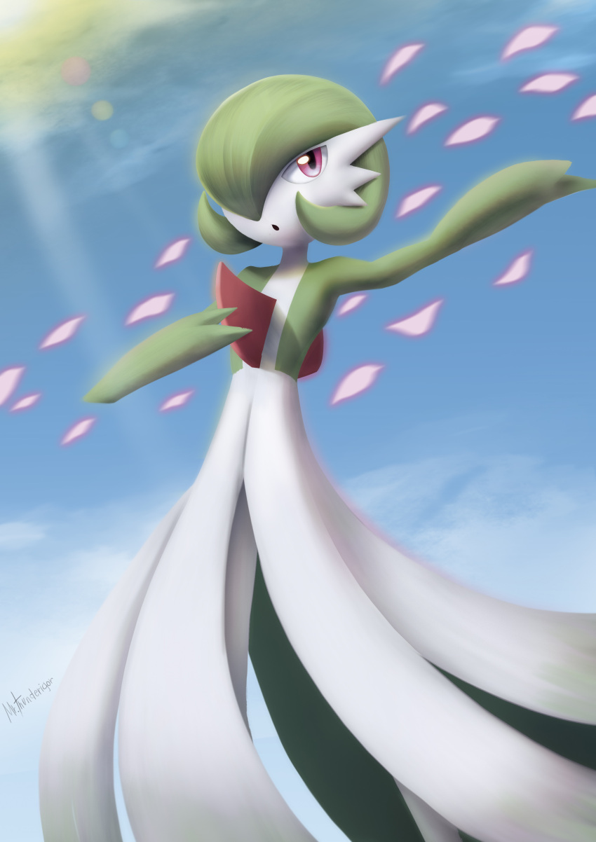 :o absurdres colored_skin commentary_request day gardevoir highres mr.thunderigor outdoors outstretched_arm parted_lips pink_eyes pokemon pokemon_(creature) signature sky solo white_skin