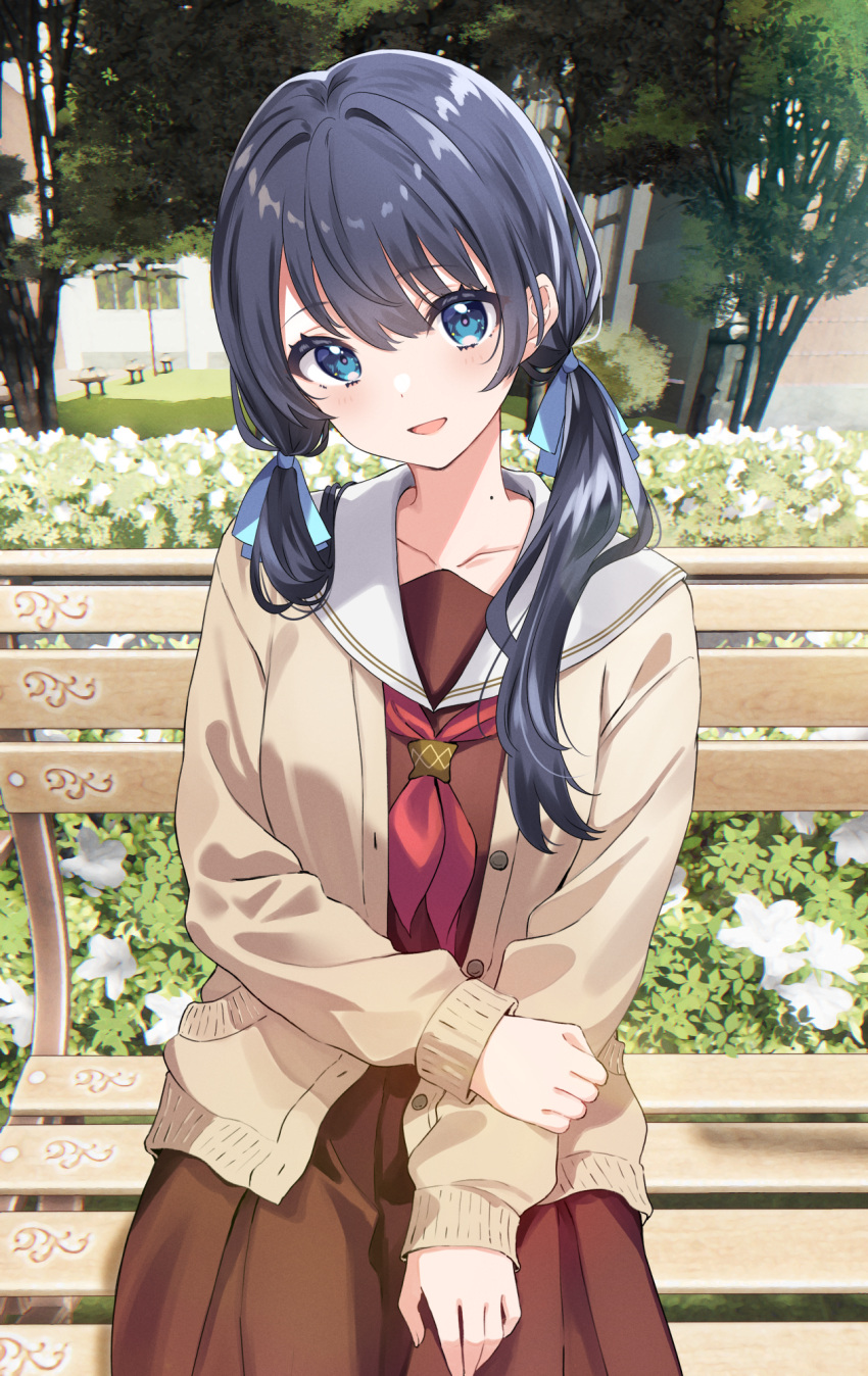 1girl bench blue_eyes blue_hair blush brown_shirt brown_skirt building bush buttons cardigan collarbone cowboy_shot day dot_nose hair_between_eyes head_tilt highres holding_own_arm link!_like!_love_live! long_bangs long_hair long_skirt long_sleeves looking_at_viewer love_live! low_twintails mole mole_on_neck murano_sayaka neckerchief open_cardigan open_clothes open_mouth outdoors park_bench pleated_skirt red_neckerchief sailor_collar school_uniform serafuku shiokazunoko shirt sitting skirt sleeve_cuffs sleeves_past_wrists smile solo tree twintails virtual_youtuber white_sailor_collar